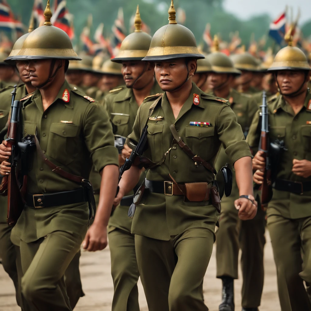 A highly detailed, 8k, masterpiece image of approximately 2,500 Thai army soldiers from the Royal Thai Army (RTA) marching in a military parade towards the border gate between Thailand and Malaysia, before invading Penang in March 1976, with extremely detailed uniforms, weapons, and facial features, photorealistic, cinematic lighting, dramatic composition, vivid colors.