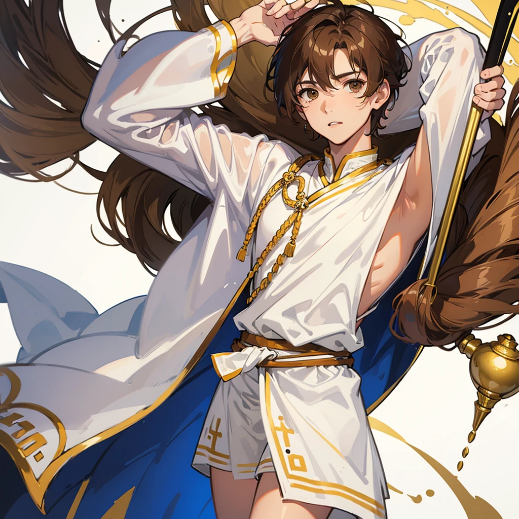 (((1male))), half body, facing viewer, short light brown hair, brown eyes, cute, pretty, white Greek tunic, small penis,