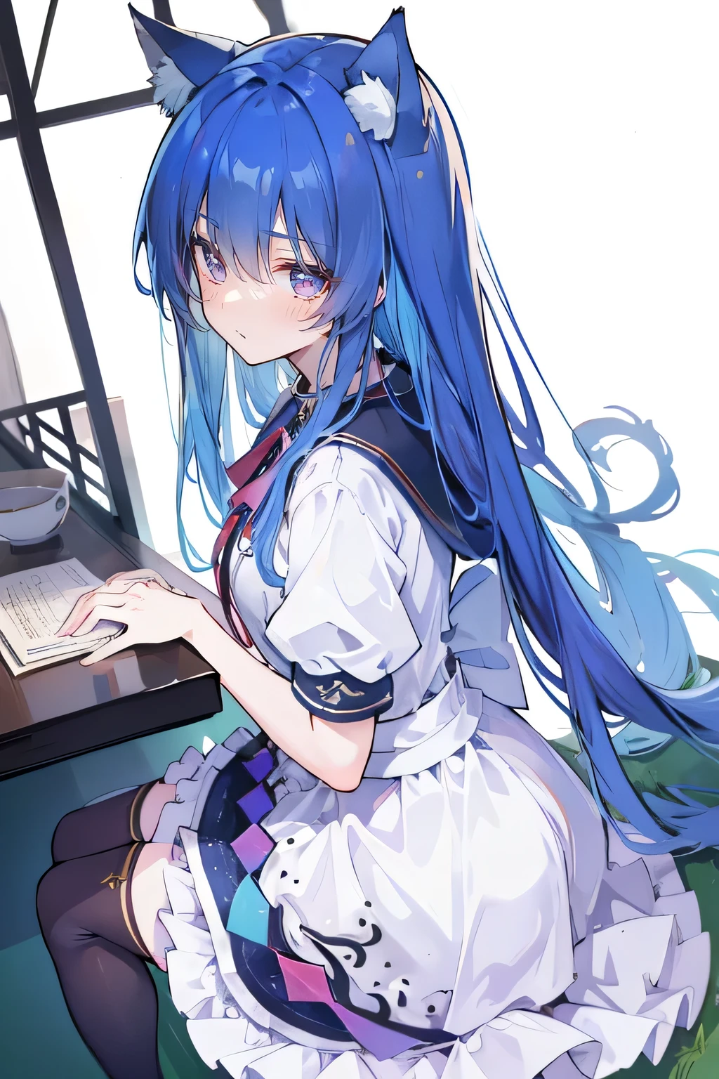 （masterpiece：1.2），Super detailed，lifelike，Expressive eyes，fair skin，perfect face shape，1 girl，
Japanese comics,Gorgeous blue hair,flowing blue hair,flowing clothes,Cat ears,Petals fall,beautiful lola,Baby Angel,
Cross your legs，Gentle and peaceful background，The pavilion is cool and comfortable,smile, wearing hoodie, background of tokyo,back views,snowing, winter,maid outfit。