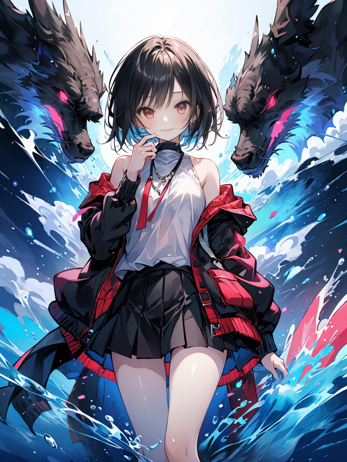 (masterpiece, highest quality, highest quality, (No text), Beautiful and aesthetic:1.2),No text,アニメ、 BREAK,One Girl，Short black hair　Red eyes　cool　smile　Black jacket　mini skirt　