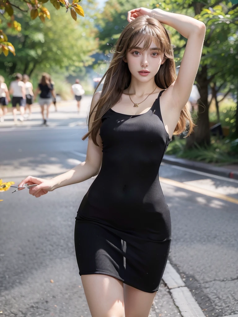 beautiful russian woman in her 20s, 8k, perfect physique, perfect proportions, detailed face, high quality, photorealistic, stunning eyes, long eyelashes, attractive facial features, flawless skin, light brown hair, tight waist, stylish clothes, necklace, active posing, rough long hairstyle, vivid colors, masterpiece, best quality,Black Dress,Shoulder,(She is bleeding)