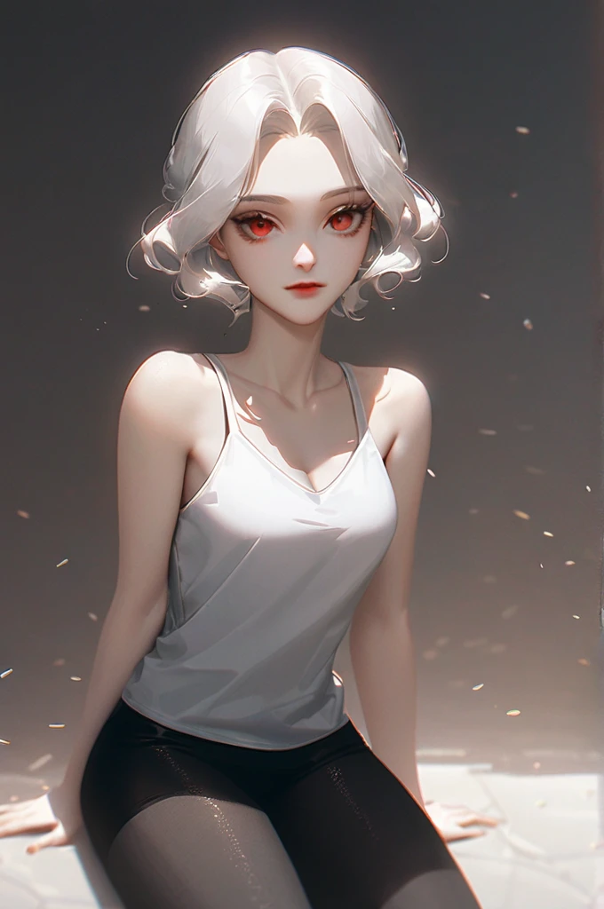 ((Лучшее качество)), ((шедевр)), (подробный), white hair, red eyes, white tank top, black leggings