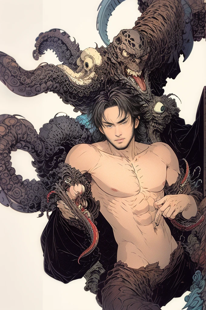 best quality,masterpiece,Ultra-high resolution,1 handsome sexy naked man,looking at the audience,one,Yamamoto Takashi style, octopus monster,
simple background,White_background,Machinery Division,Exoskeleton,Cold-blooded 30 years old man,tough guy style,Ice cooler,countless blades