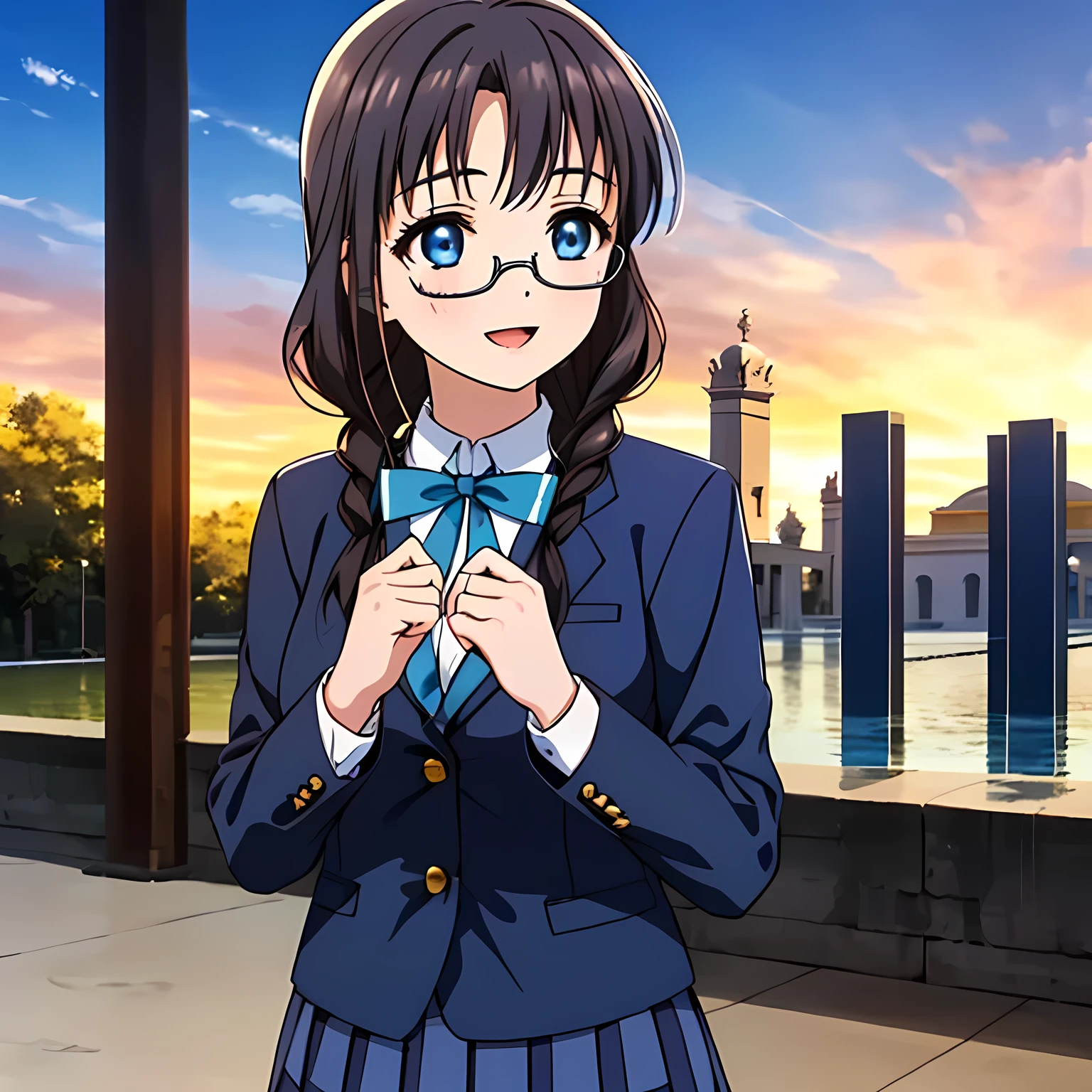 (highest quality, masterpiece:1.2), highest quality, High resolution, 1080P, 8K, Height: 158cm, ((High-definition game CG)), ((Like a beautiful girl dreaming of a game heroine、A very intelligent, very noble, pretty and pure beautiful girl.、With the best smile、Looking at the audience、Hands over their mouths)), A face that everyone loves, Glossy lips, Even bangs, ((Very beautiful blue eyes)), The very large red shiny wide ribbon bowtie is very cute., ((Black Hair)), ((long twin braids)), (((A long, neat, dark navy blue checked pleated skirt))), (((Dark blue winter long sleeve blazer))), How to wear a neat uniform, Extremely lustrous, shiny game heroine lips, A girl with her open hand over her open mouth, like a game heroine, Ribbon in hair, Tight waist, slender, The ribbon is big and very pretty., Beautiful hair like a hair model, Long skirt, ((((Temple of Ishtar)))), Glasses