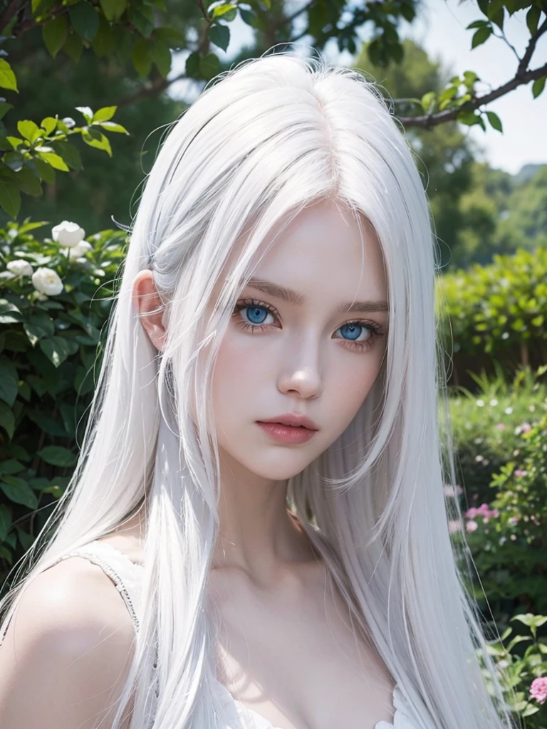 Long white hair, blue eyes, serious features, white skin, loose style, in a garden