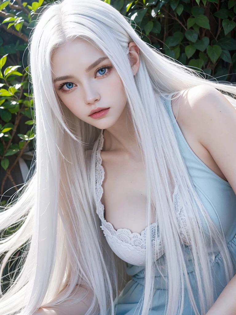 Long white hair, blue eyes, serious features, white skin, loose style, in a garden