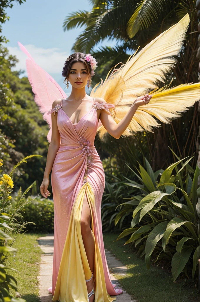 A yellow feather fairy in a pink long gown 