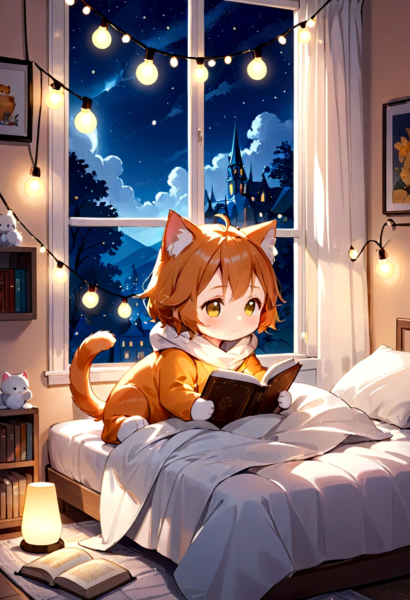 cute kitten reading a book comfortably on a bed, covered with a blanket, stuffed animal, string lights on the wall, window, cozy and comforting atmosphere, nighttime, wonder, pixiv