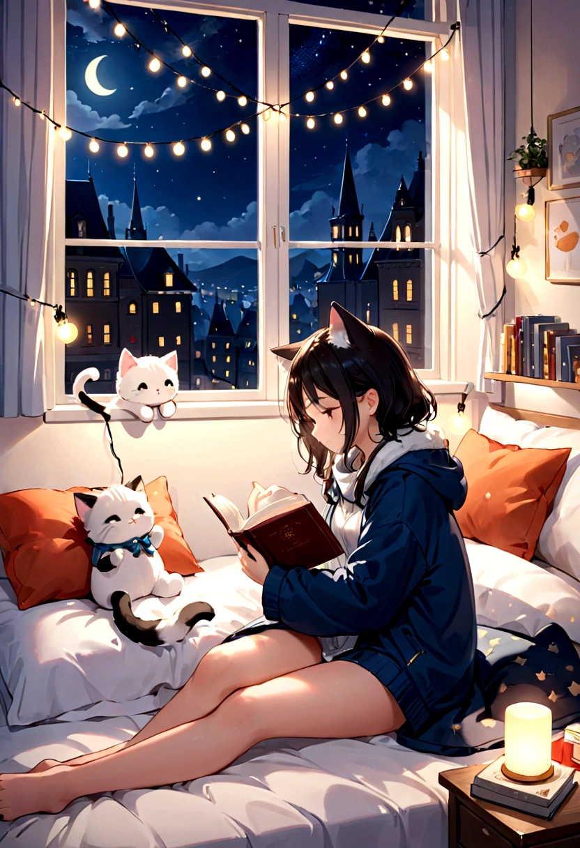 cute kitten reading a book comfortably on a bed, covered with a blanket, stuffed animal, string lights on the wall, window, cozy and comforting atmosphere, nighttime, wonder, pixiv