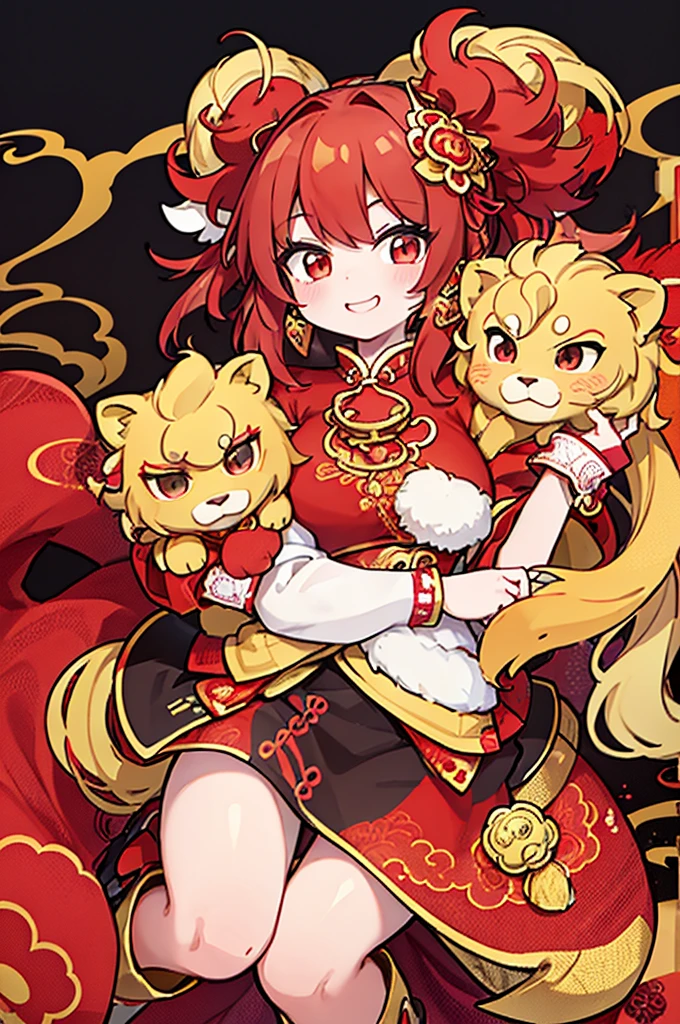 The image of the lion dancing girl is unforgettable,She is wearing a traditional red lion dance costume.,The short coat is embroidered with golden patterns,Gold tassels at cuffs and neckline,Looks gorgeous and noble。She wears a golden lion dance mask on her head.,There are lifelike lion images carved on it.,Eyes shining,Mouth slightly open,As if smiling。The sides of the hood are decorated with red pompoms,Adds a touch of playfulness and cuteness。Wearing a pair of red lion dance shoes,The upper is also embroidered with golden patterns,Looks exquisite and unique。