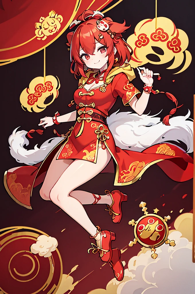 The image of the lion dancing girl is unforgettable，She is wearing a traditional red lion dance costume.，The short coat is embroidered with golden patterns，Gold tassels at cuffs and neckline，Looks gorgeous and noble。She wears a golden lion dance mask on her head.，There are lifelike lion images carved on it.，Eyes shining，Mouth slightly open，As if smiling。The sides of the hood are decorated with red pompoms，Adds a touch of playfulness and cuteness。Wearing a pair of red lion dance shoes，The upper is also embroidered with golden patterns，Looks exquisite and unique。