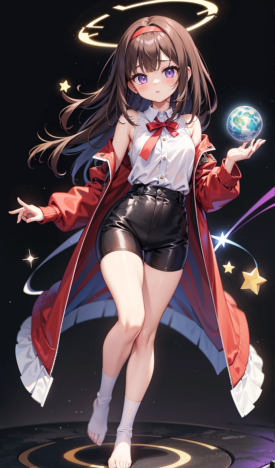 Brown Eyed Woman、21 years old(Medium Hair、Dark Brown Hair、Wavy Hair、Red Hairband)、Ahoge、((White blouse with black stars、Best、Jacket、開いたJacket、星が付いた赤いJacket))、((Black Bike Shorts、barefoot))、((Black thigh-high socks、High heels))、Surrounding purple star energy、Cosmic Power、The shining force of the universe。Purple eyes、Beautifully detailed eyes、Beautifully detailed faces、Cute face、Perfect hands、Full Finger、Perfect Anatomy、Perfect proportions。(Casting a spell)。whole body衣装デザイン、whole body、Cowboy Shot。