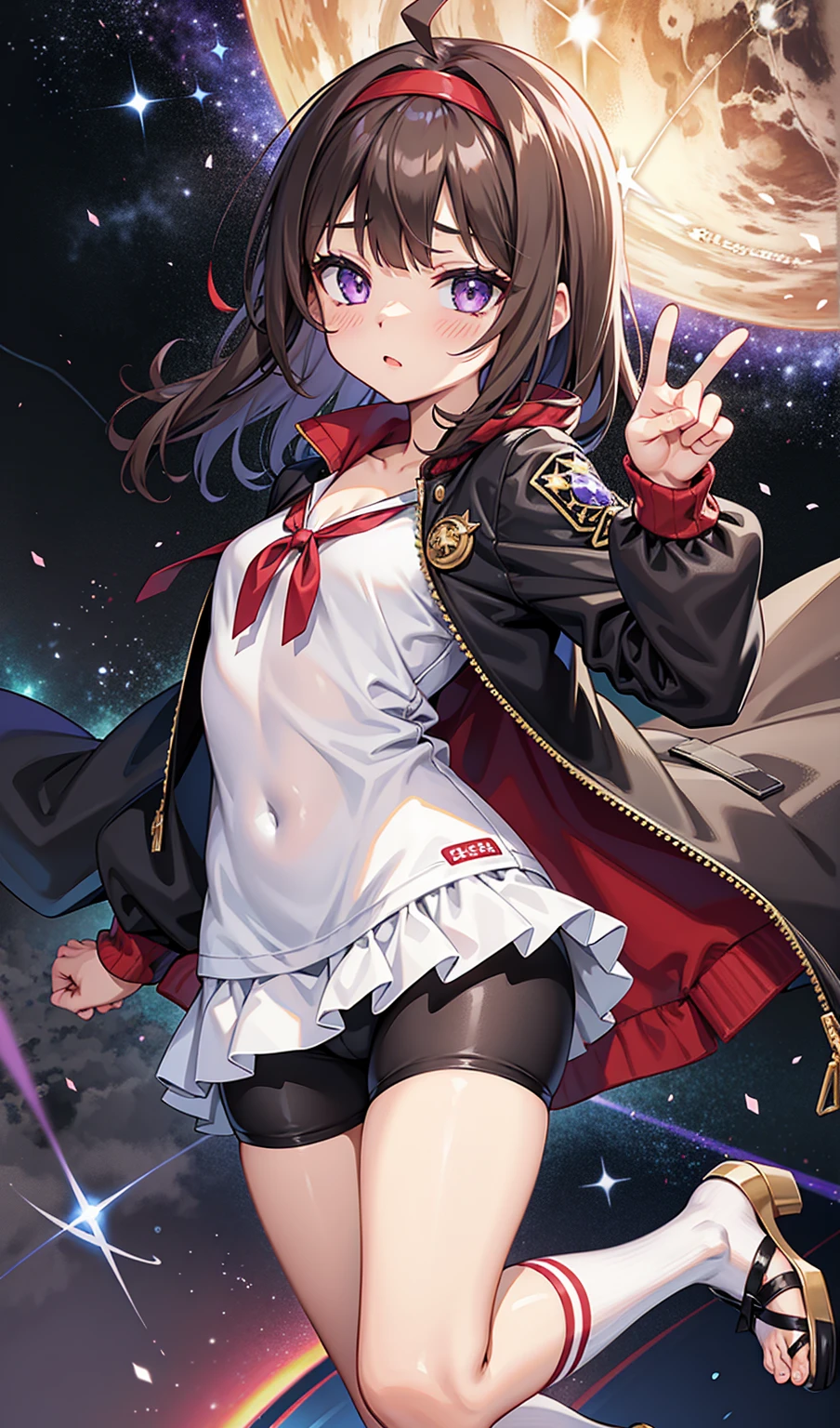 Brown Eyed Woman、21 years old(Medium Hair、Dark Brown Hair、Wavy Hair、Red Hairband)、Ahoge、((White blouse with black stars、Best、Jacket、開いたJacket、星が付いた赤いJacket))、((Black Bike Shorts、barefoot))、((Black thigh-high socks、High heels))、Surrounding purple star energy、Cosmic Power、The shining force of the universe。Purple eyes、Beautifully detailed eyes、Beautifully detailed faces、Cute face、Perfect hands、Full Finger、Perfect Anatomy、Perfect proportions。(Casting a spell)。whole body衣装デザイン、whole body、Cowboy Shot。