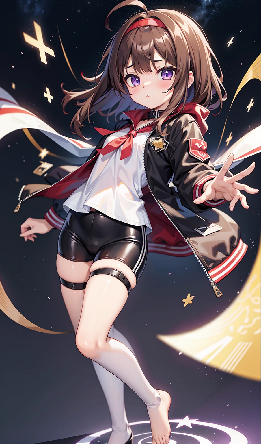 Brown Eyed Woman、21 years old（Medium Hair、Dark Brown Hair、Wavy Hair、Red Hairband）、Ahoge、（（White blouse with black stars、Best、Jacket、開いたJacket、星が付いた赤いJacket））、（（Black Bike Shorts、barefoot））、（（Black thigh-high socks、High heels））、Surrounding purple star energy、Cosmic Power、The shining force of the universe。Purple eyes、Beautifully detailed eyes、Beautifully detailed faces、Cute face、Perfect hands、Full Finger、Perfect Anatomy、Perfect proportions。（Casting a spell）。whole body衣装デザイン、whole body、Cowboy Shot。