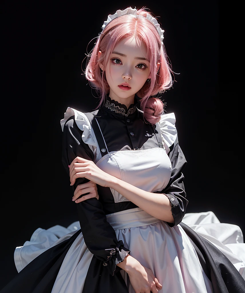 a beautiful girl,pink hair,standing,looking at to the viewer,(Very Detailed: 1.3),ultra realistic,HDR,(High Dynamic Range),8K RAW,(((1GIRL))),(((wearing maid dress))),dizzy face,(((black background))),masterpiece,best quality,perfect proportions