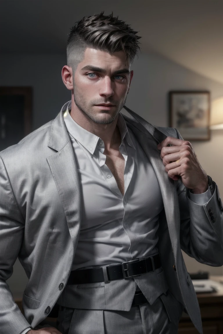 Portrait, Detailedface, ultra realistic, best quality, masterpiece, (perfect face, perfect eyes), RAW photo, 8k uhd, dslr, soft lighting, film grain, ultra detailed, texture detailed, Fujifilm XT3, mature muscular hunk, undercut hair, extremely short hair, Grey Blazer, Whiter collar shirt, Grey Trousers, Belt