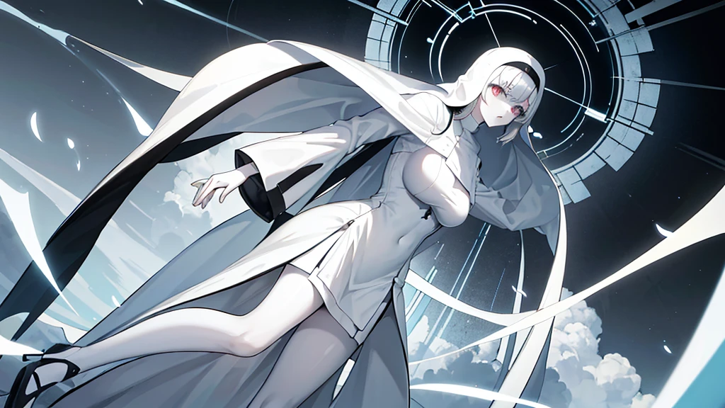 Character (hair bangs) (white long hair) (white pale skin) (battle nun-style clothing) (black clothing) (character in dynamic pose) (perspective angle taken)