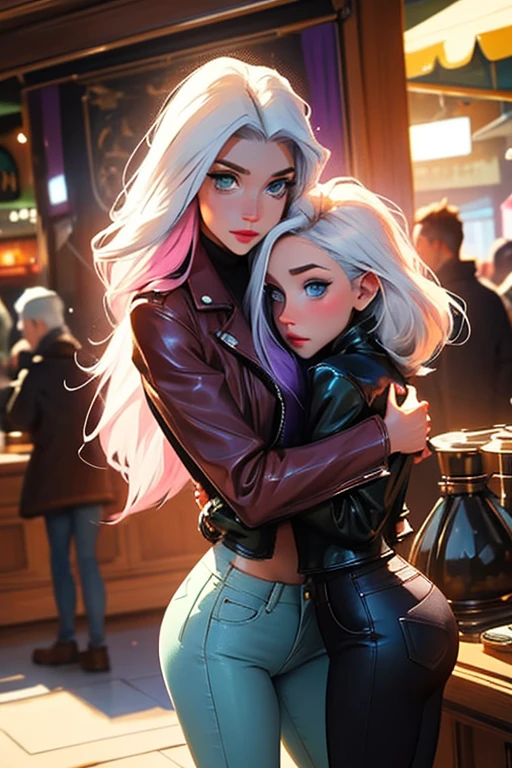 A young white haired woman with green eyes and an hourglass figure in a leather jacket and jeans is hugging a pretty pink haired woman with violet eyes with an hourglass figure in a gothic market