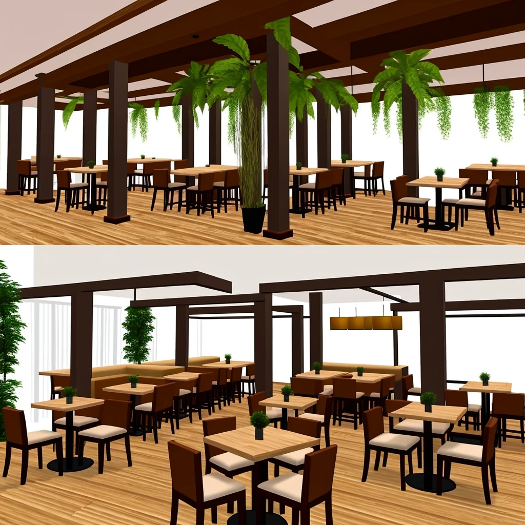 3D graphics, like in a game Interior of the restaurant with three columns in the center, a pair of large tables with soft chairs in light colors and wooden floor and a bar with plants
