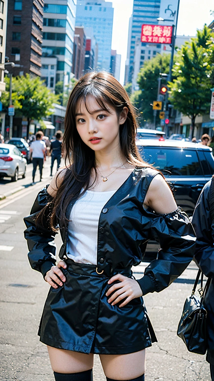 (8K、RAW Photos、Highest quality、masterpiece:1.2)、(Realistic、Photorealistic)、1 Girl、((In town、Off the shoulder、、Black Mini Skirt、Ribbon on chest、Blonde、Knee socks、boots、Big Breasts、Look forward、Standing with hands on hips))、