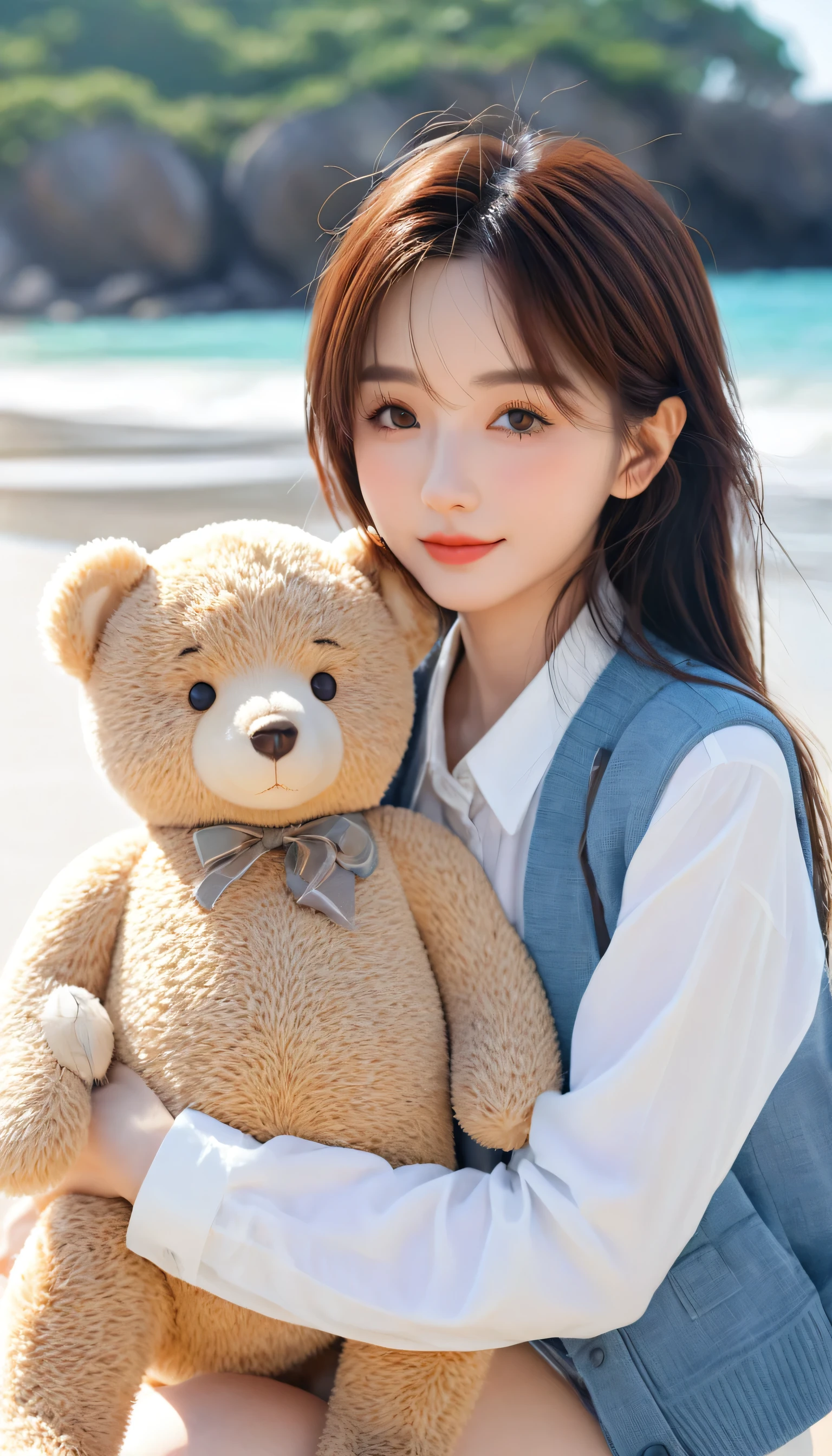 A woman hugs a teddy bear on the beach, Kawaii realistic portrait, Cute anime girl, Cute girl anime visual, Smooth anime CG art, Artwork in the style of Guweiz, portrait of Cute anime girl, Lovely portrait, Beautiful anime portrait, Beautiful anime girl, Cute anime girl portrait, Realistic anime 3D style