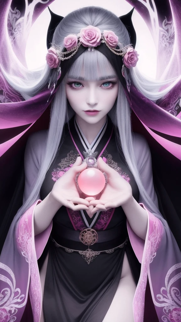 (masterpiece, top quality, 1 female, solo, exquisite details, chromatic aberration), (realistic), (skin), ((breathing)), (silver hair, blunt bangs, short cut straight long hair, short cut bangs, silver hair), beautiful hair, red headdress, blue highlights, hair over one eye, purple eyes, thick lips, earrings, piercing eyes, ((pink and white kimono, not sexy)), ((symmetrical eyes)), ((perfectly symmetrical body)), ((perfectly symmetrical hands)), (purerosface_v1:0.3), night, (((self, natural light))), bright lighting, flowers blooming in the background, front of the viewer, ((central shot, from the front, (face and waist))), mysterious atmosphere, flowers blooming around, light colored background, fortune teller in kimono, beautiful fortune teller, fortune teller, dark fantasy female fortune teller, woman Fortune teller, fantasy photography, magician, witch fairy tale, Japanese style, elegant cinematic fantasy art, fantasy woman, magician portrait, casting a spell, fortune teller, unsexy kimono, A powerful wizard stands in a mysterious forest, with flowing robes adorned with symbols, holding a glowing heart crystal ball, eyes glowing with mystical energy, spells leaking from his mouth, vivid swirling patterns of black magic pulsating in hues of red and blue appear in the air, magic permeates, flowers bloom and sacred creatures gaze in awe, threads of magical energy dance, revealing hidden realms and unravelling secrets, capturing the essence of this enchanting moment and bringing to life the mysterious power of black magic on a canvas of the highest quality and finest detail. Top Quality, Masterpiece, Ultra High Resolution, (Photorealistic: 1.4), RAW Photo, Sharp Focus, High Resolution, Detailed Skin, .