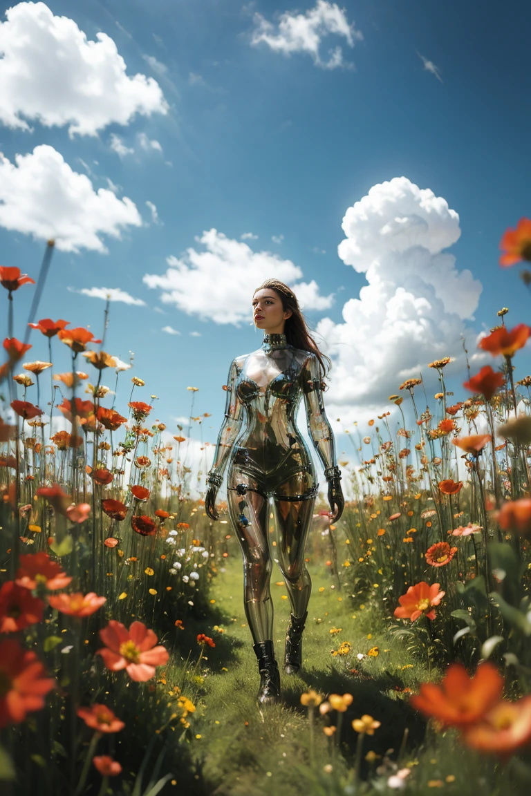 wallpaper，32k，uhd, high details, best quality, highres, masterpiece，1 girl, Looking at the audience, full body,Practical, Long hair, Long hair blown by wind, Solitary, Flowers, Sky, Sky, outdoor, short hair, brown Long hair, Science fiction, Vague, Grass, realism, cloud, blue Sky, Chest, Lips, transparent, transparent, transparent,