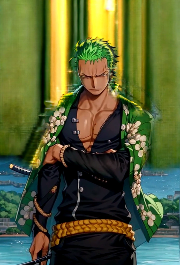 rORONOA Zoro DO ANIME "(one piece",) alone, View the viewer, short hair, Long sleeve, First grader, Green Pirate Suit Jacket, Upper Body, arms, Male focus, kimono, Golden Hair, What's, Wave, Landscape, Scar on left eye, sheath, Facial scars, Emsheathdos, (Slicked back hair), dragon, Tiger