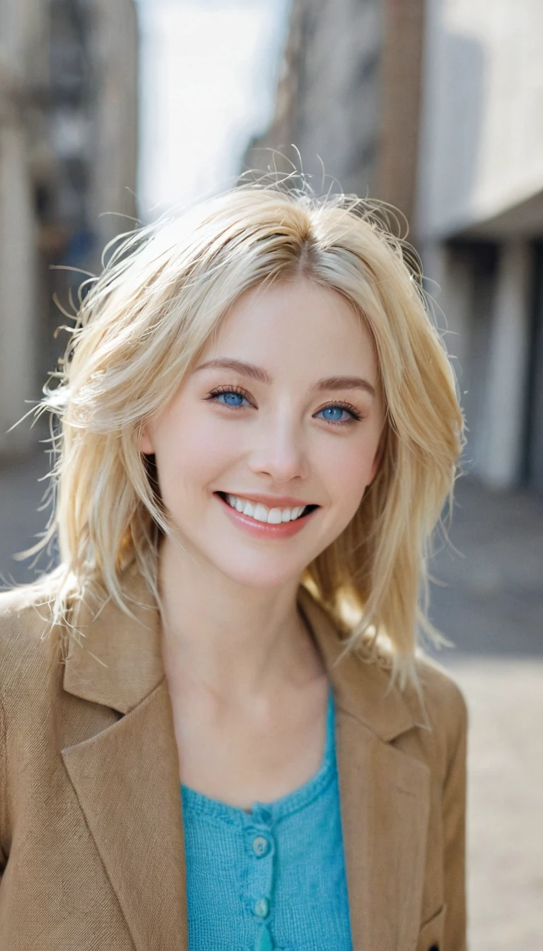 Ya Ott, 1 Girl, Solitary, Christa Lenz, Smile, Hair between the eyes, blue eyes, Blonde hair, jacket, Medium Length Hair,