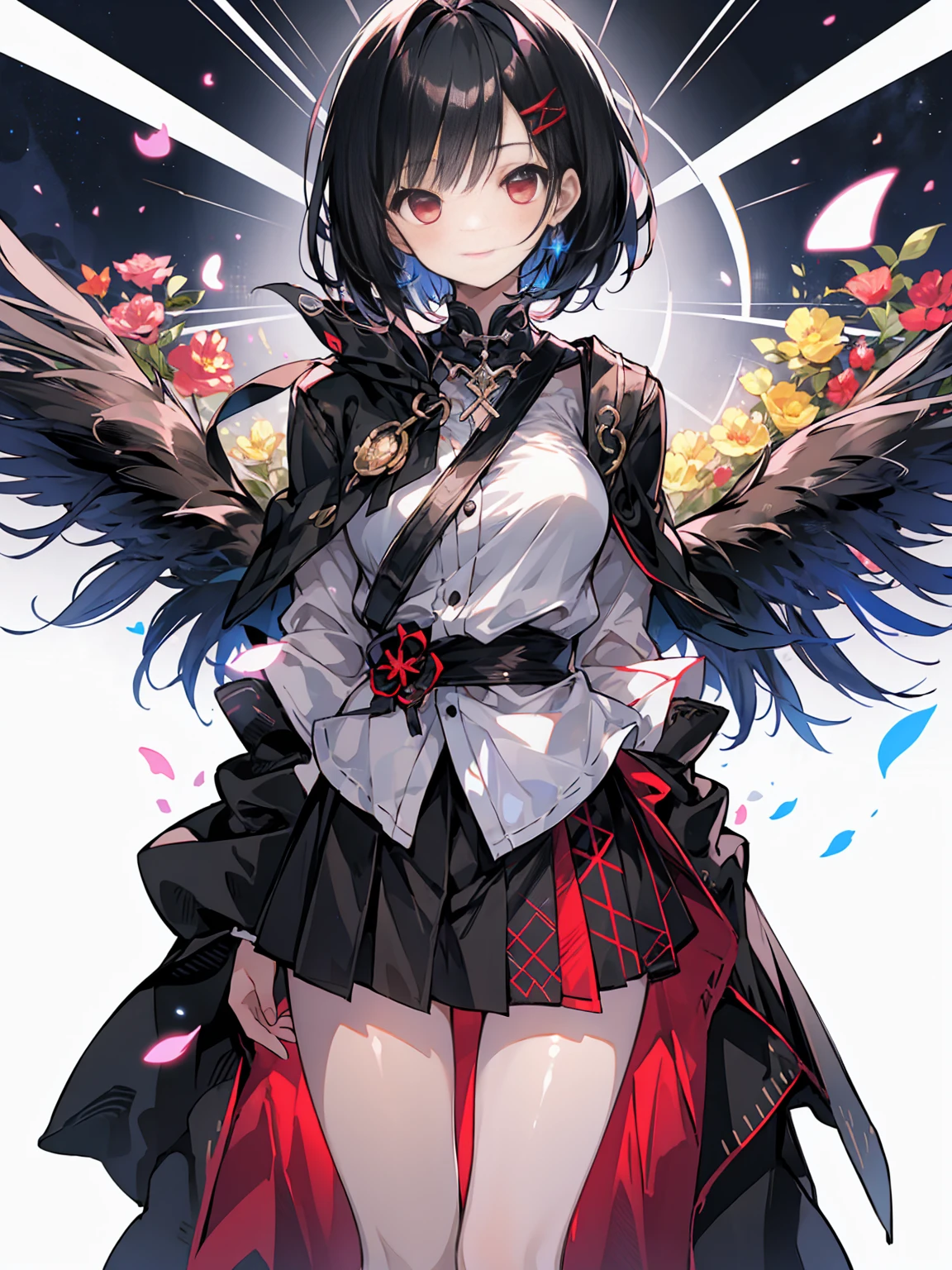 (masterpiece, highest quality, highest quality, (No text), Beautiful and aesthetic:1.2),No text,アニメ、 BREAK,One Girl,Short black hair Red eyes cool smile Black jacket mini skirt whole body night