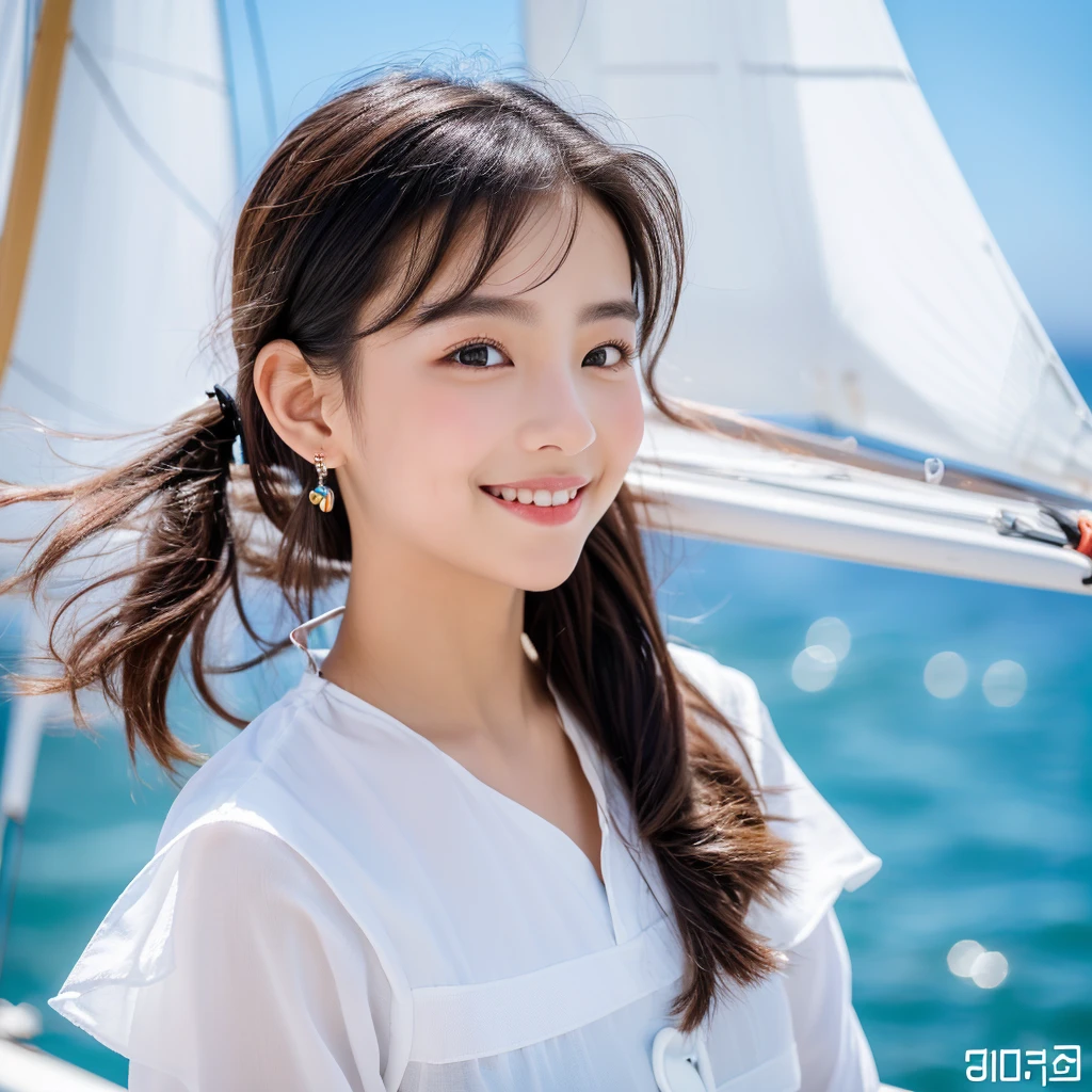 (8K, Raw-Foto, best quality, perfect body, masterpiece:1.2),(realisti, foto realisti:1.4),(Hochdetailliertes CG Unity 8K-Hintergrundbild),(round face: 1.5), (detailed student:1.3),Beautiful woman on sailing yacht , whole upper body, 比基尼, medium breasts, medium-sized well-formed breasts,ponytail hairstyle, pretty colorful long hanging earrings,(boy, but very beautiful 2o-year-old Korean,Cool eyes, ponytail, short hair, little smile,Looking forward,looking at the camera,Unforgettable eyes,The eyes are so beautiful., sailboat on the sea