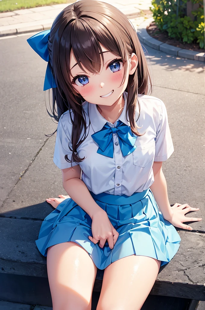 Grin, From above, (Squint your eyes:1.2), close, One Girl, blush, sit, nsfw,beautiful girl　 Wear a uniform, Light blue skirt, Long skirt, small bow, small bow, Anime movie