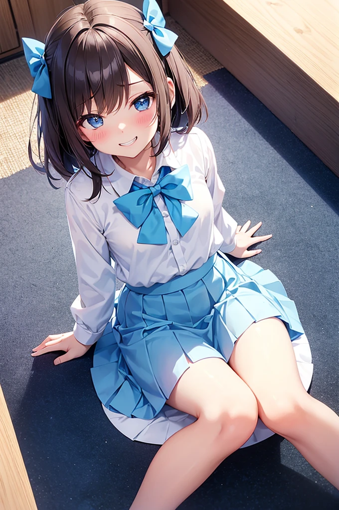 Grin, From above, (Squint your eyes:1.2), close, One Girl, blush, sit, nsfw,beautiful girl　 Wear a uniform, Light blue skirt, Long skirt, small bow, small bow, Anime movie