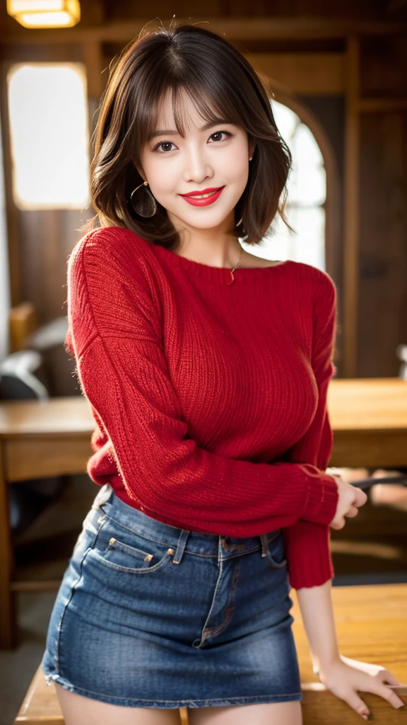 Highest quality, On the table, Ultra-high resolution, Reality, 1 girl,High resolution full body images, red lips smile, Smile, The are slightly visible, Red sweater, Denim skirt,Full body image,Soft lighting, Delicate skin, Bangs, Black Hair, Clear eyes, Short Bob Hairstyle, transparency, Japan, Korean, Beautiful woman, Upper Eye, Lip Gloss, Teardrop, Mole on chest, Accentuate the body line