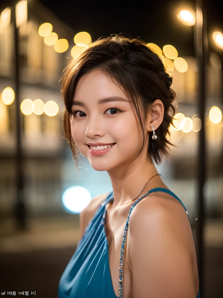 (8K, Raw-Foto, best quality,, masterpiece:1.2),(realisti, foto realisti:1.4),(Hochdetailliertes CG Unity 8K-Hintergrundbild),(round face: 1.5), (detailed student:1.3),Beautiful woman in Wismar at night, whole upper body,ponytail hairstyle, pretty colorful long hanging earrings,(boy, but very beautiful 22-year-old Korean,Cool eyes, ponytail, short hair, Relaxed smile, elegant dress,Looking forward,looking at the camera,Unforgettable eyes,The eyes are so beautiful., Old town of Wismar at night