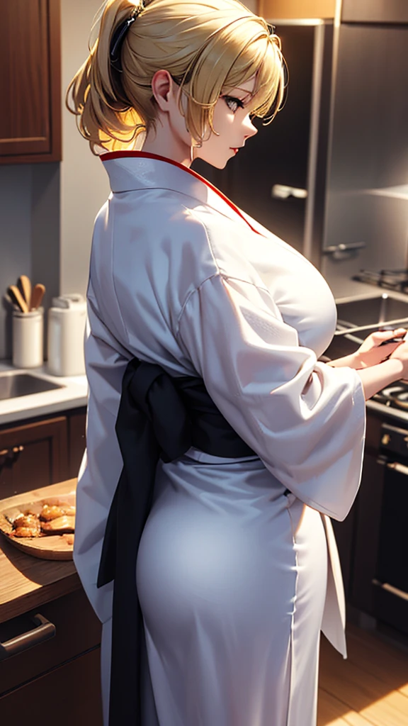 masterpiece, high quality, 4K, Beautiful design, silhouette，blonde， Very detailed，kitchen， wonderful, Finer details,  Very knowledgeable woman, Very detailedなソロ, 1 female,Big Breasts，Butt，Underwear Line，Yukata in white color，cooking，
