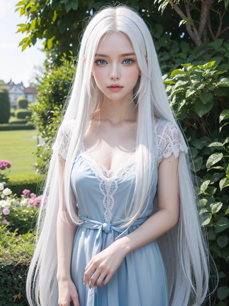 Long white hair, blue eyes, serious features, white skin, loose style, in a garden