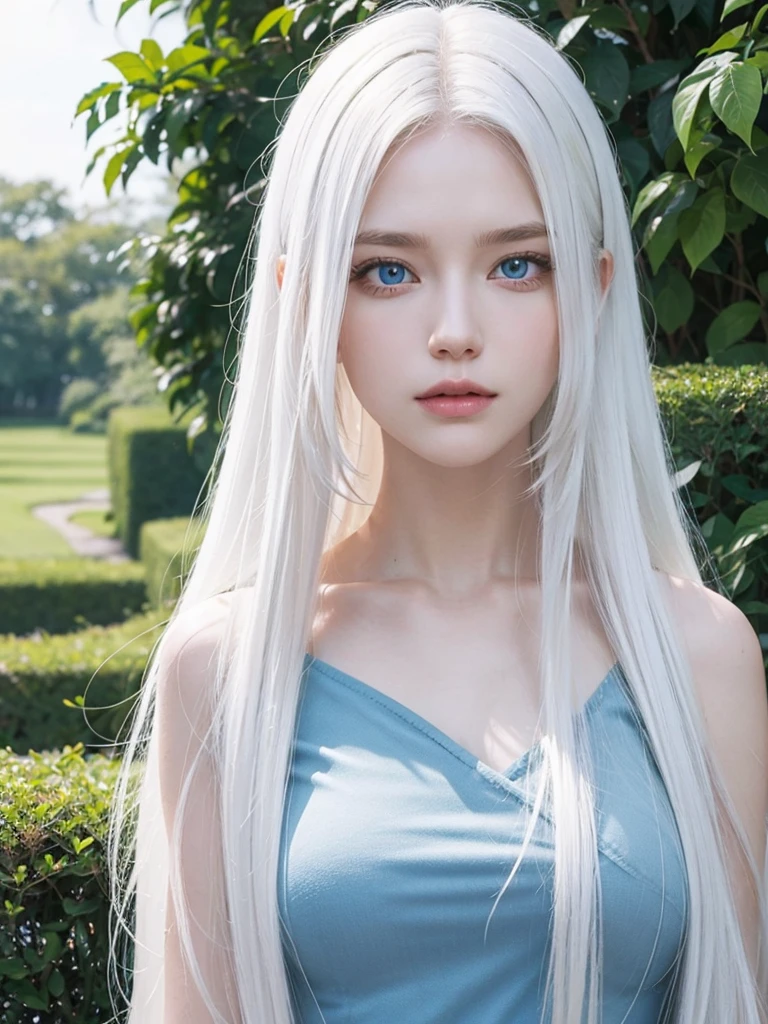 Long white hair, blue eyes, serious features, white skin, loose style, in a garden
