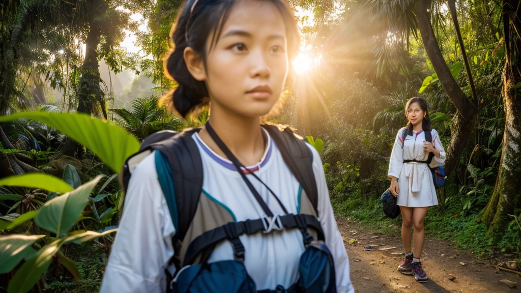 close-up photo of a young, beautiful, cute Thai woman, her face looking forward, wearing explorer clothes, hiking shoes, hiking bag on her back, seen standing under the ruins of an ancient temple, remnants of ancient times, her clothes are visible in detail in the background of Mount Bromo, dense forests and dense forests and exotic birds sunset photo style photography 4k