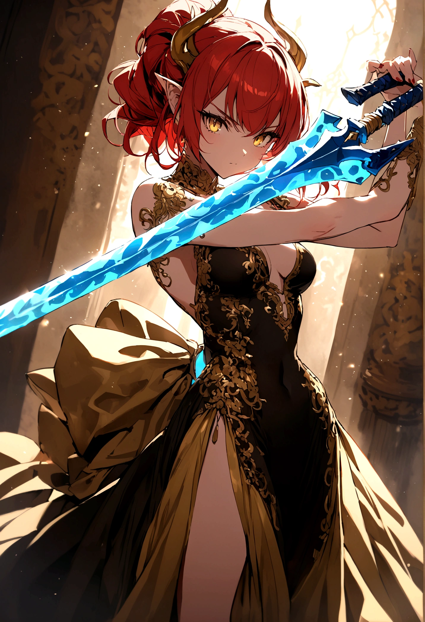 beautiful, red head, Dragon girl, black and gold dress, blue flaming sword, pose