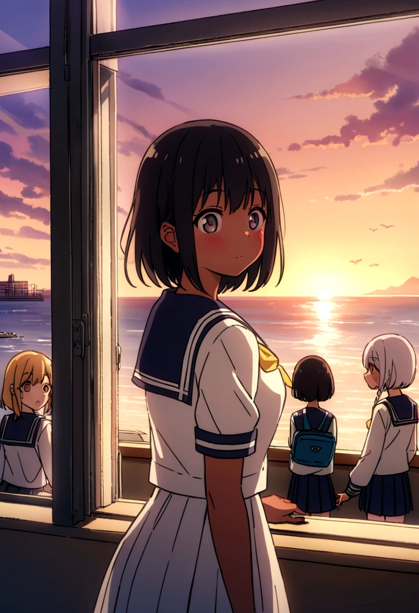 Highest quality、high resolution、Detailed Description、Detailed Background、Accurate depiction、animeスタイル、anime、Four Girls、More than one person、元気なFour Girls、Dark Skin、Sailor suit、School、classroom、Chat、chatting、Black Short Hair、Big eyes、cute、Sunset、The window overlooks the harbor and the sea.