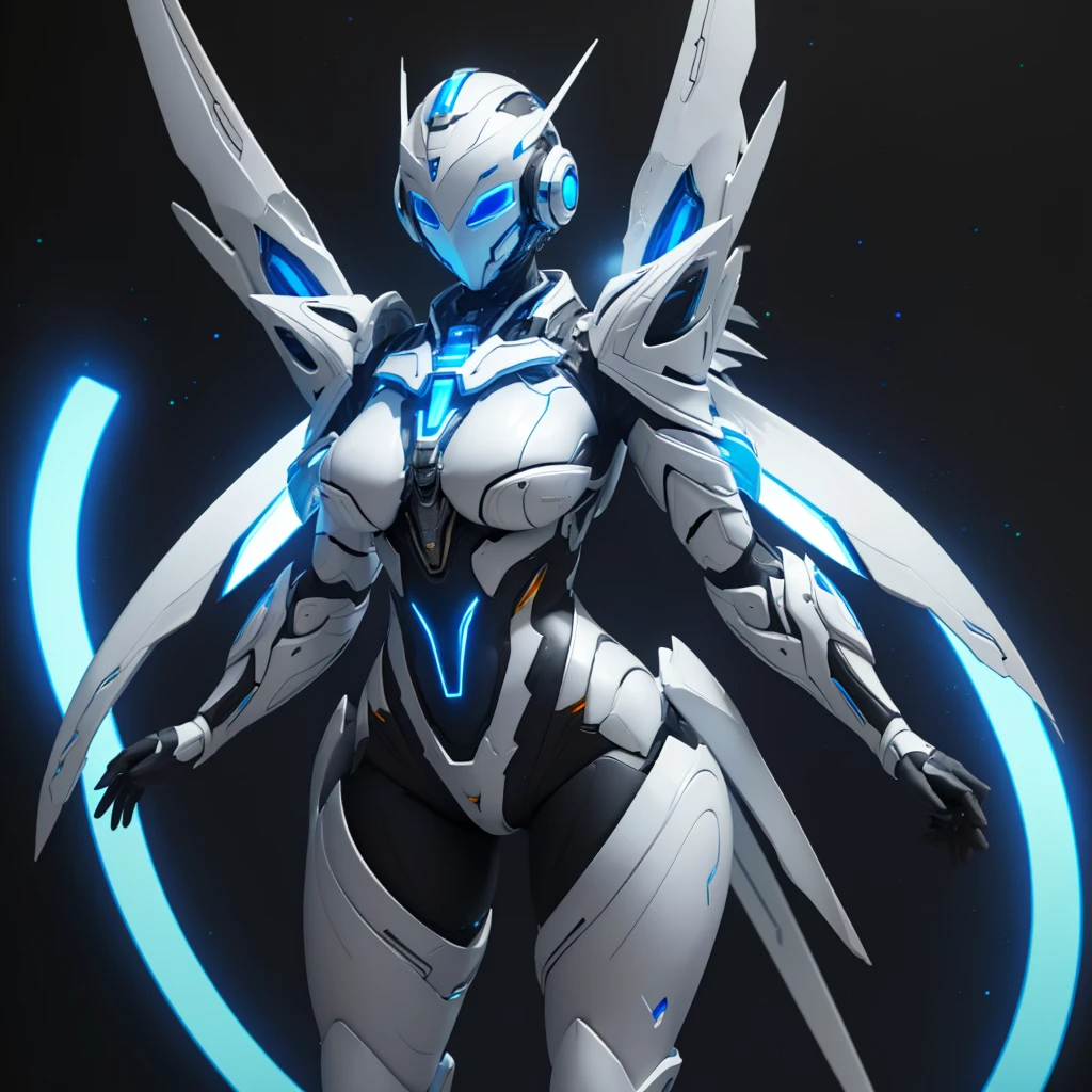 Dronificated unknown woman in a fully enclosed white latex fullbody suit with blue lights across the suit and star shaped glowing core in the chest, fully enclosed cyber helmet that cover her whole face and hides her identity with a blue screen that has a white star, huge breast, narrow waist, wide hips and thick thighs, open Mechanical wings, no face, no hair, no mouth, no eyes, (perfect anatomy), Background: (floating over a futuristic city)