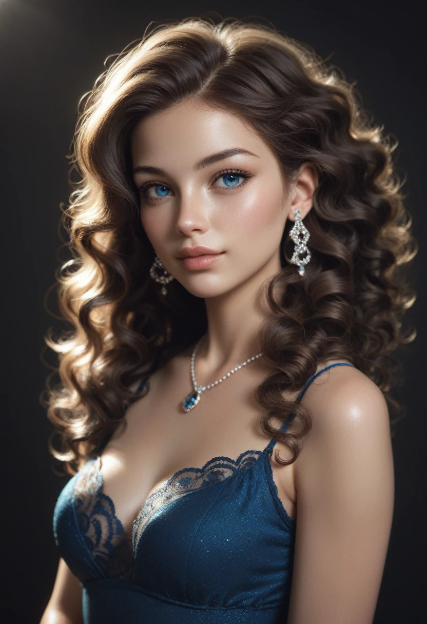 score_9, score_8_up, score_7_up, score_6_up, rating:safe, 1girl, solo, black_hair, wavy_hair, jewelry, dress, blue_eyes, earrings, long_hair, looking_at_viewer, curly_hair, upper_body, lips, lace, blue_dress, night, cxqz8r