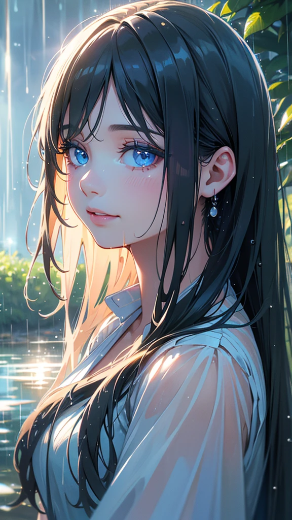 A beautiful young girl in a summer , with long black hair, standing in the rain under a clear sky with the sun shining, the raindrops glistening in the light, smiling with a wet, drenched look, (best quality,4k,8k,highres,masterpiece:1.2),ultra-detailed,(realistic,photorealistic,photo-realistic:1.37),extremely detailed eyes and face,longeyelashes,beautiful detailed eyes,beautiful detailed lips,highly detailed ,sunlight rays,water droplets,wet hair,bright colors,vibrant lighting,portrait