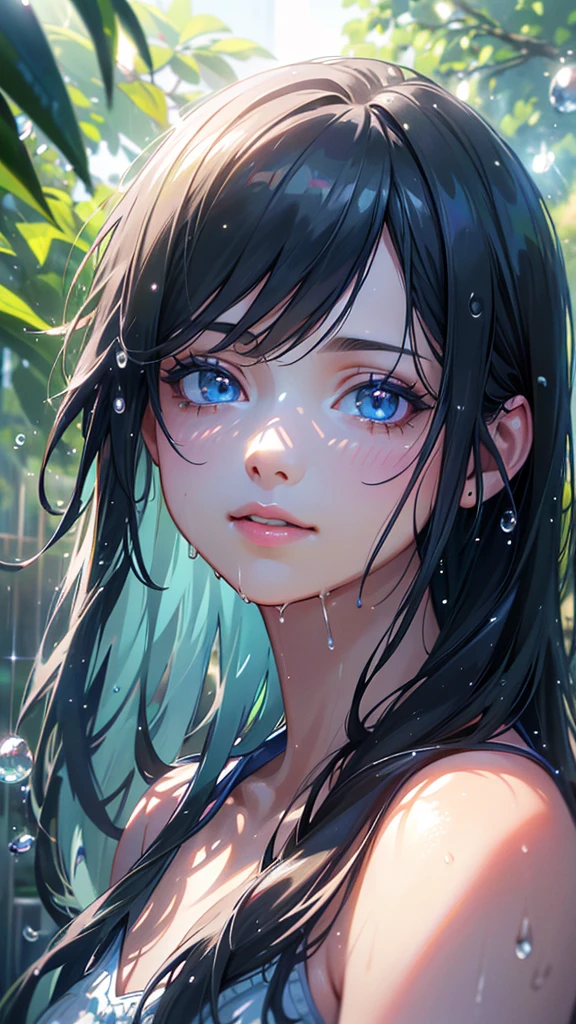 A beautiful young girl in a summer , with long black hair, standing in the rain under a clear sky with the sun shining, the raindrops glistening in the light, smiling with a wet, drenched look, (best quality,4k,8k,highres,masterpiece:1.2),ultra-detailed,(realistic,photorealistic,photo-realistic:1.37),extremely detailed eyes and face,longeyelashes,beautiful detailed eyes,beautiful detailed lips,highly detailed ,sunlight rays,water droplets,wet hair,bright colors,vibrant lighting,portrait