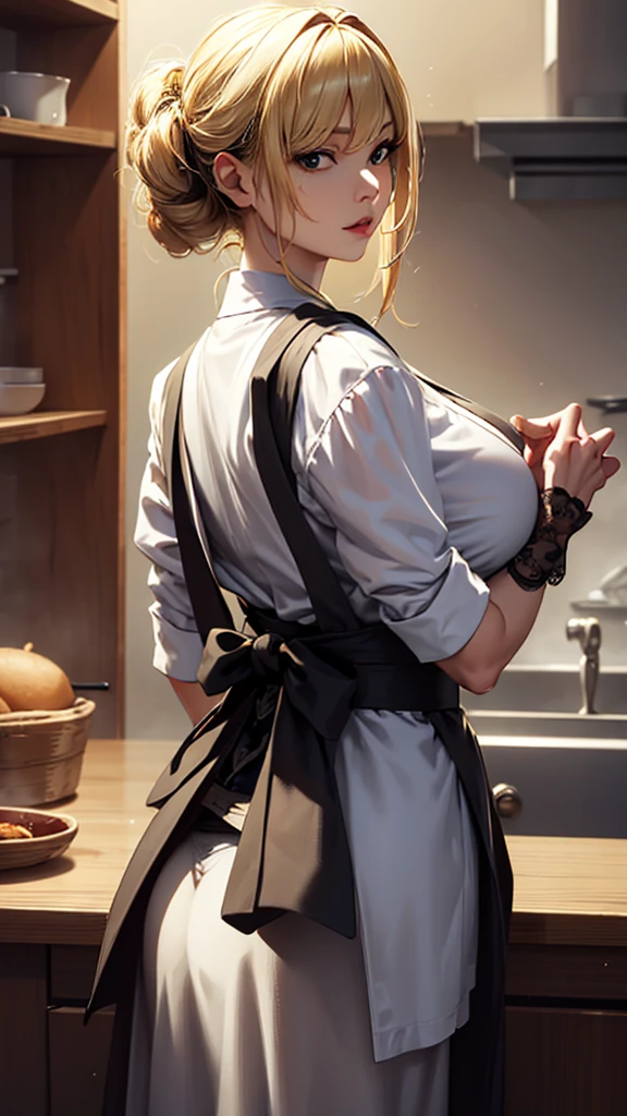 masterpiece, high quality, 4K, Beautiful design, silhouette，blonde， Very detailed，kitchen， wonderful, Finer details,  Very knowledgeable woman, Very detailedなソロ, 1 female,Big Breasts，Butt，Underwear Line，Apron appearance，cooking，