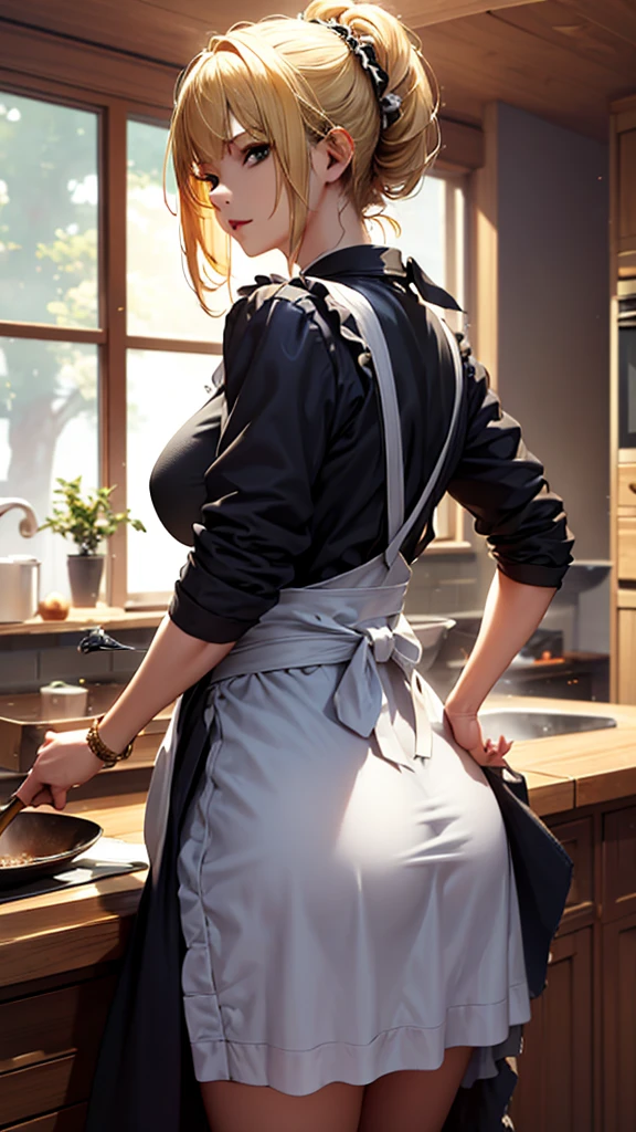 masterpiece, high quality, 4K, Beautiful design, silhouette，blonde， Very detailed，kitchen， wonderful, Finer details,  Very knowledgeable woman, Very detailedなソロ, 1 female,Big Breasts，Butt，Underwear Line，Apron appearance，cooking，