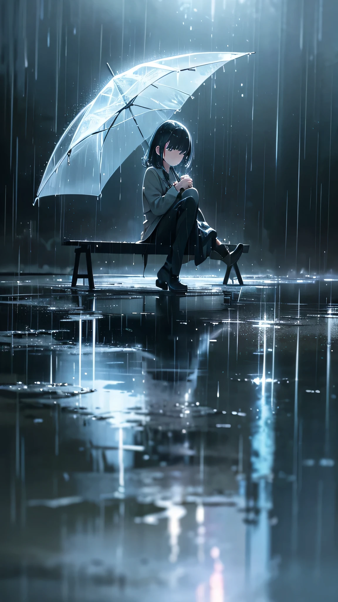 a girl with black hair sitting on a bench in the rain, sad expression, water puddles reflecting her image, fantastical atmosphere, rain glimmering, beams of light, (best quality,4k,8k,highres,masterpiece:1.2),ultra-detailed,(realistic,photorealistic,photo-realistic:1.37),,melancholic,dramatic lighting,moody colors,soft focus,cinematic,atmospheric