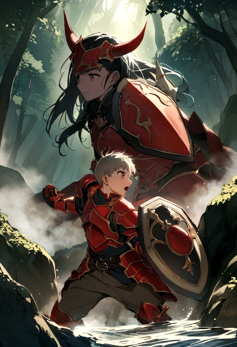 Equip yourself with the strongest shield and the strongest sword、Rin々Youth、15-year-old young man、RAW Photos、A young man dressed in full red armor、break、The background is a forest deep in the mountains.、There's a river flowing inside、Young man fighting demons