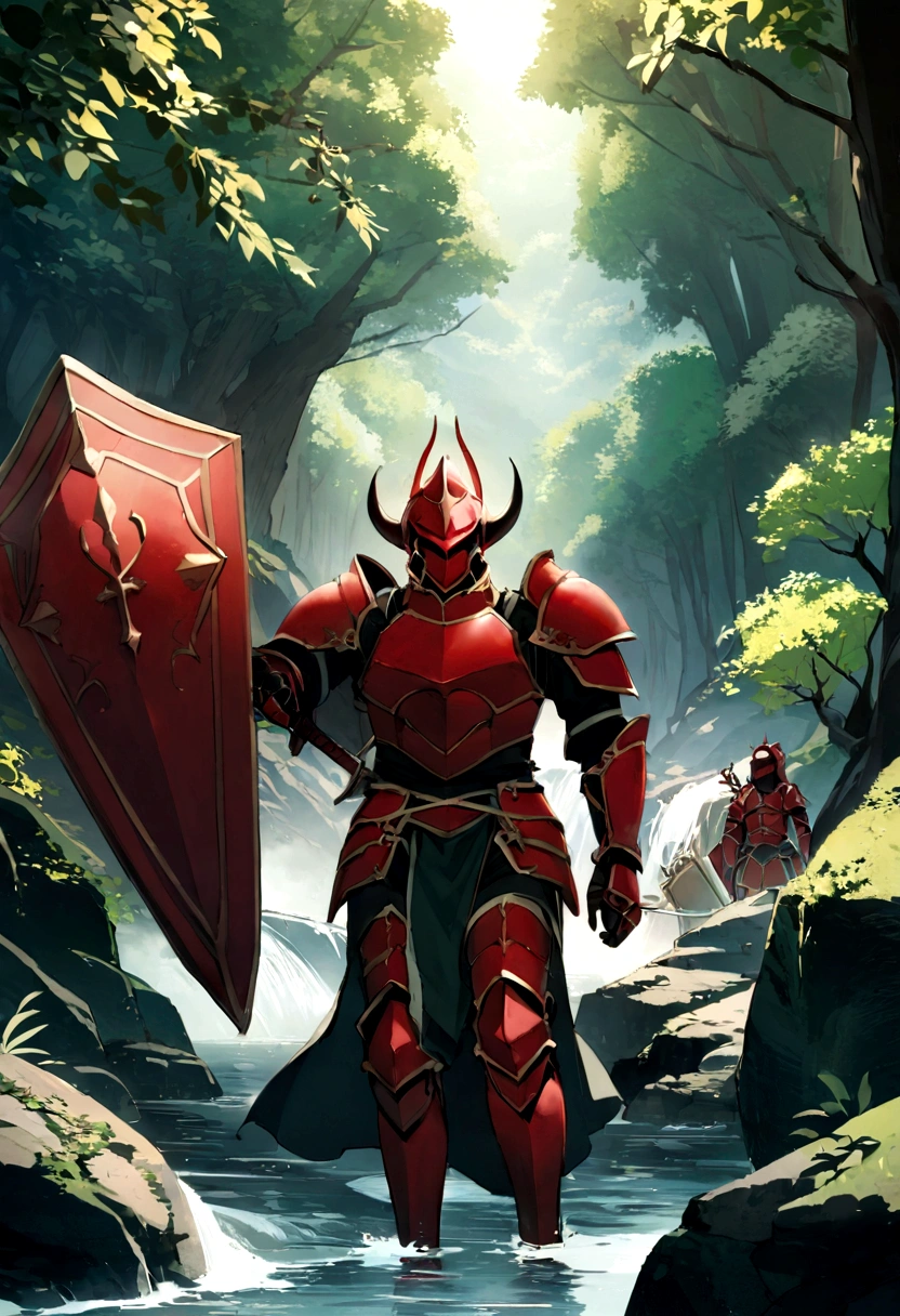 Equip yourself with the strongest shield and the strongest sword、Rin々Youth、15-year-old young man、RAW Photos、A young man dressed in full red armor、break、The background is a forest deep in the mountains.、There&#39;s a river flowing inside、Young man fighting demons